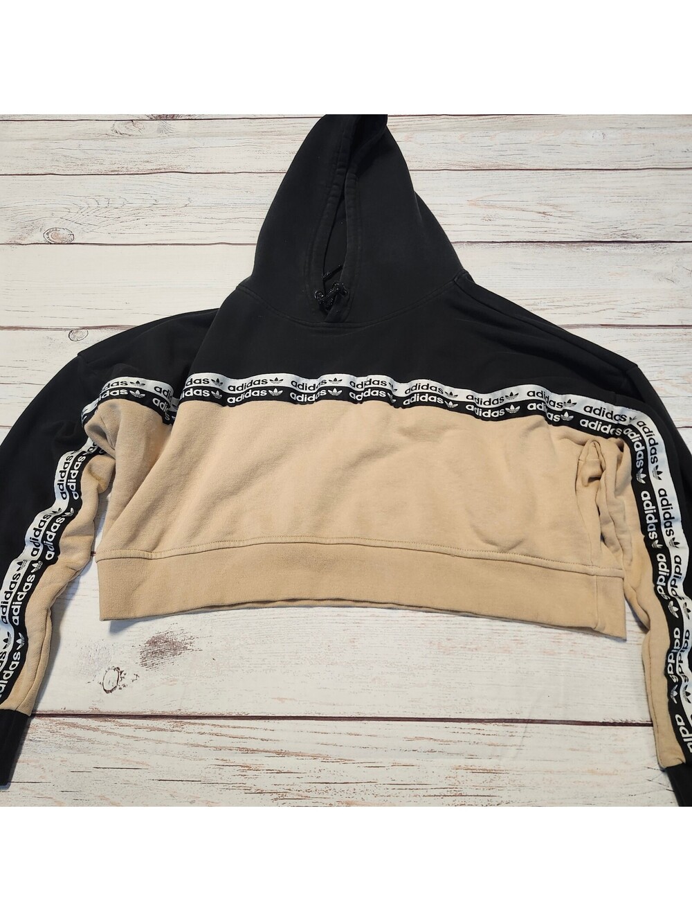 Adidas Cropped Hoodie Black and Beige with Logo Tape Detail Medium